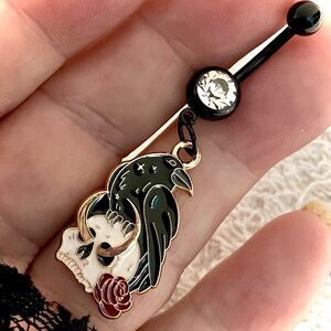 Raven and Skull Belly Ring with Rose